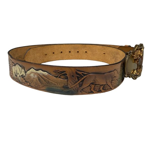 Rain Tree 1978 Gold Buckle Moose LATITAN Leather Artisan Hand Stained Belt 36 - Picture 4 of 10